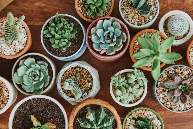 Assorted succulents like jade and echeveria, small and stylish plants ideal for compact spaces in an office garden.